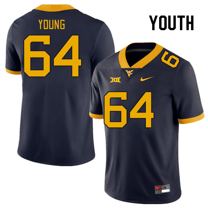 Youth #64 Cooper Young West Virginia Mountaineers College Football Jerseys Stitched Sale-Navy - Click Image to Close